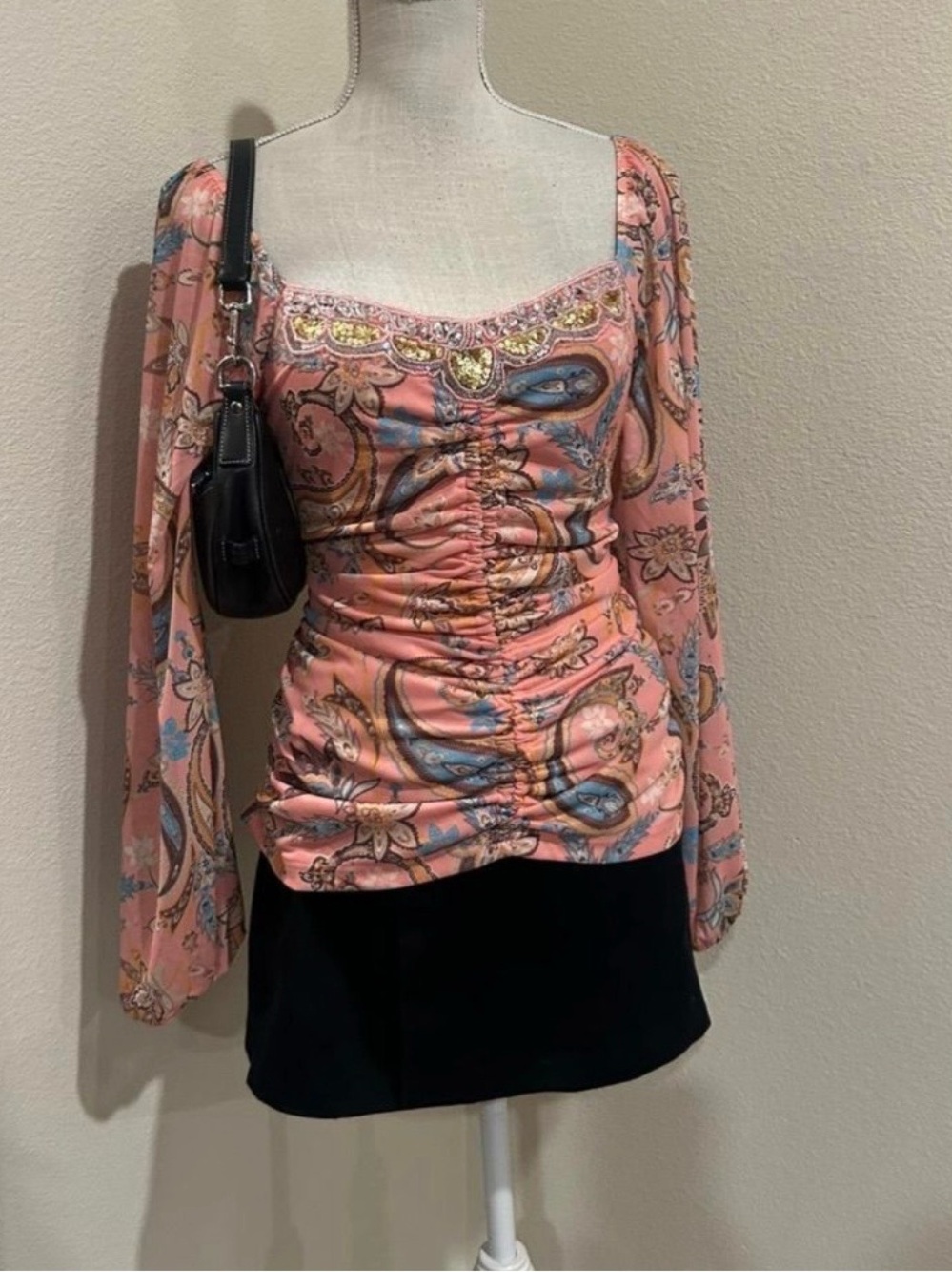 Boston Proper Pink Paisley Print Mesh Top